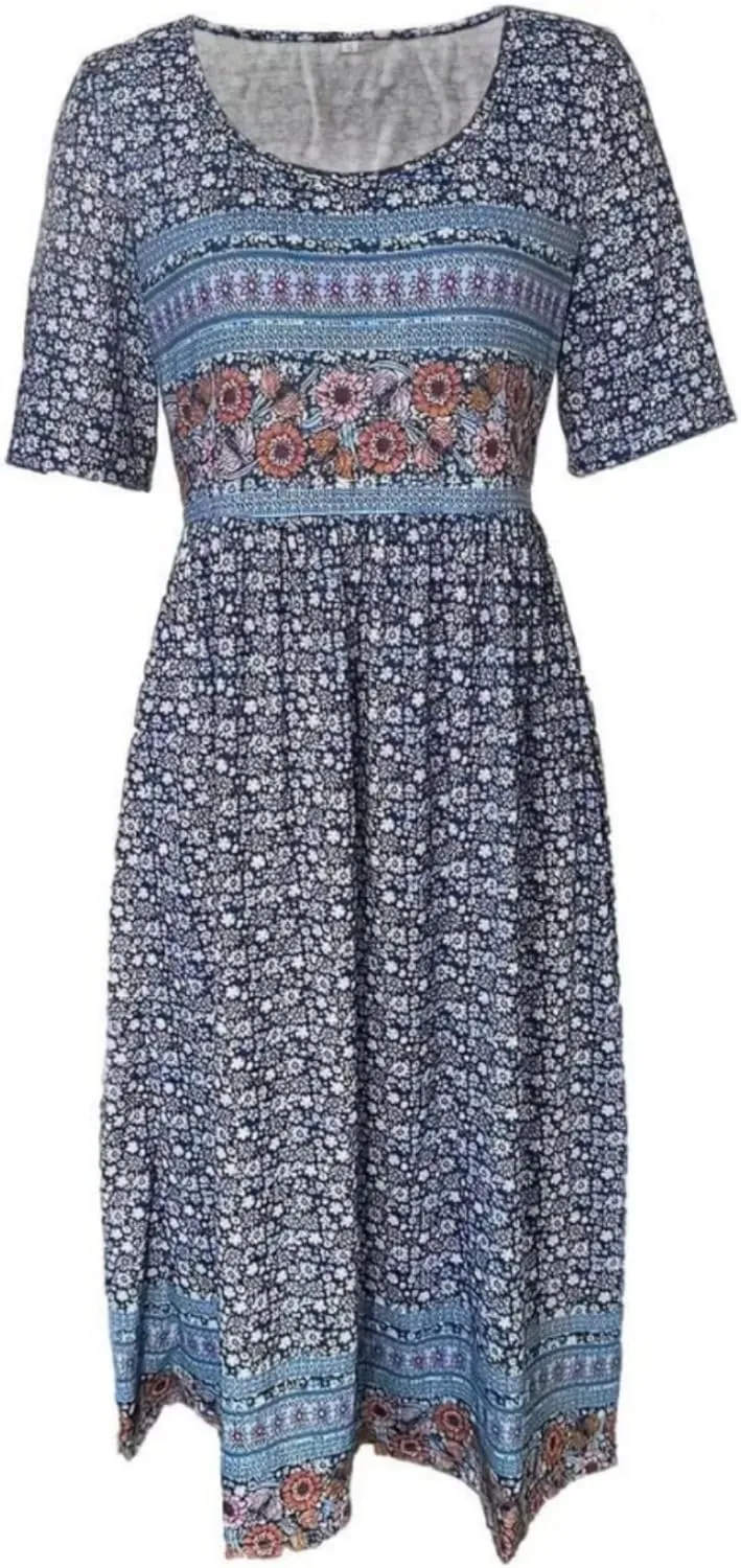 Women's Boho Summer Crewneck Floral Print Midi Tshirt Dress Casual Loose Short Sleeve Beach Dresses with Pockets