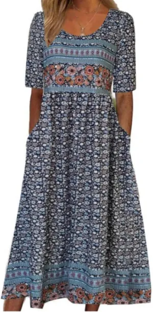 Women's Boho Summer Crewneck Floral Print Midi Tshirt Dress Casual Loose Short Sleeve Beach Dresses with Pockets