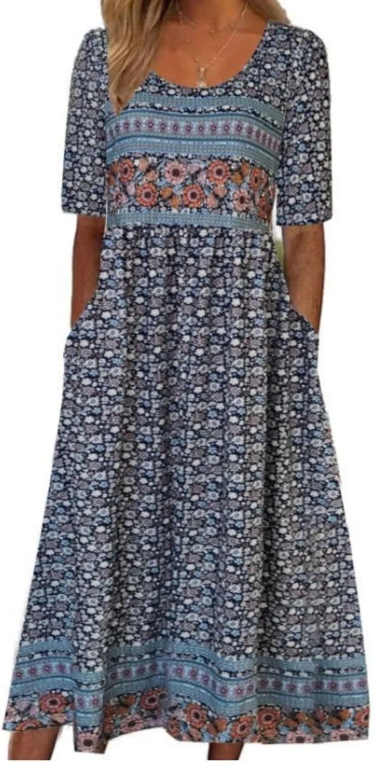 Women's Boho Summer Crewneck Floral Print Midi Tshirt Dress Casual Loose Short Sleeve Beach Dresses with Pockets