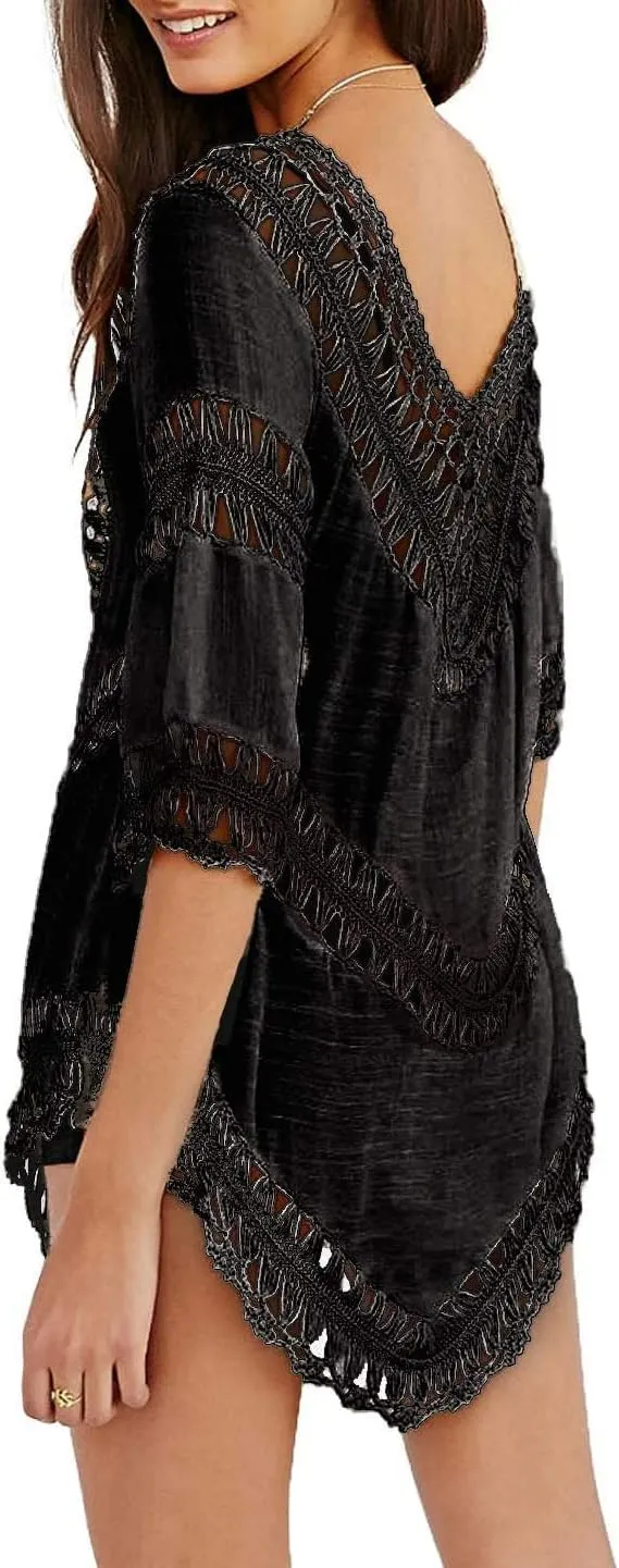 Womens Boho V Neck Crochet Tunic Tops Blouse Shirt Hollow Out Beach Swimsuit Cover up