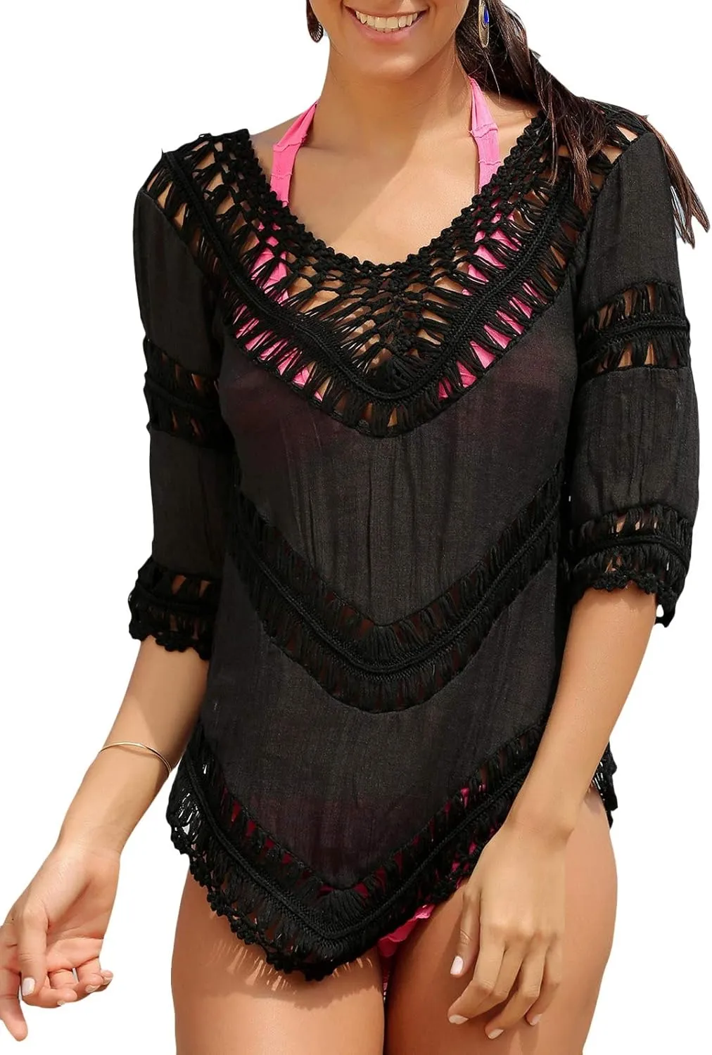 Womens Boho V Neck Crochet Tunic Tops Blouse Shirt Hollow Out Beach Swimsuit Cover up