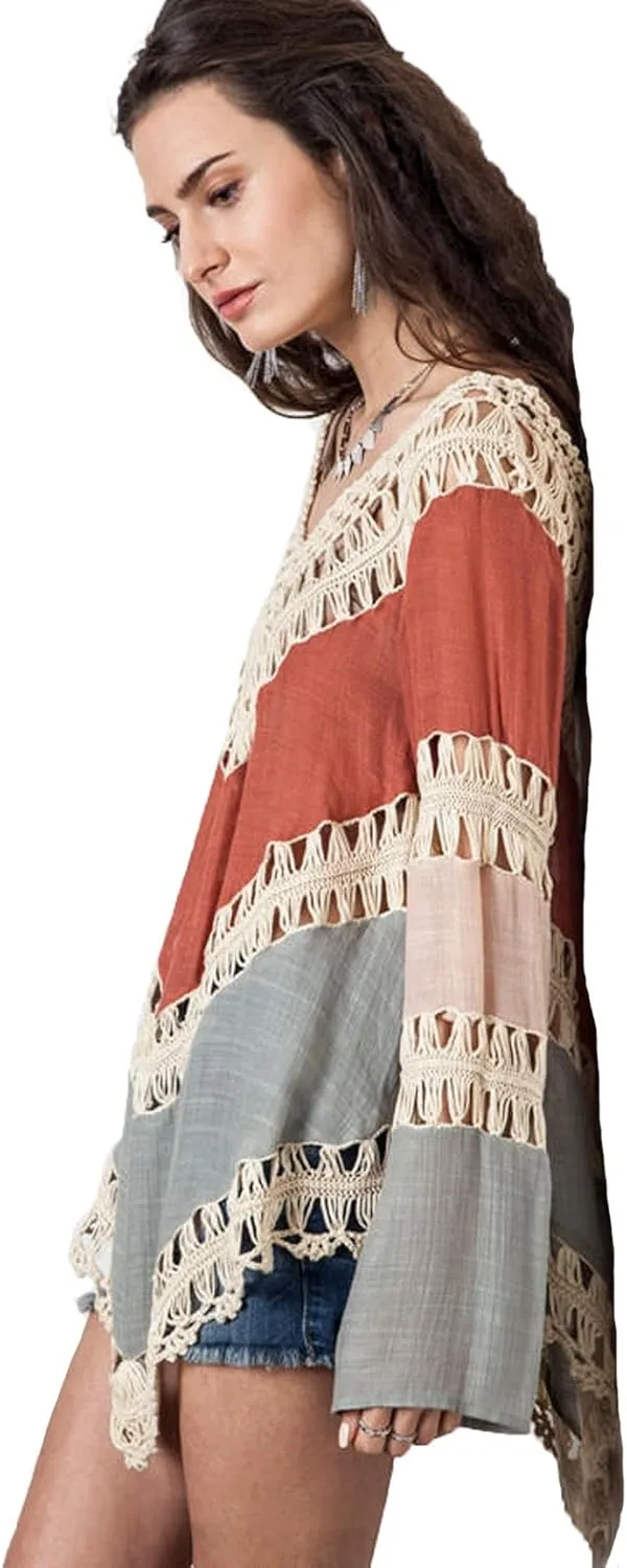 Womens Boho V Neck Crochet Tunic Tops Blouse Shirt Hollow Out Beach Swimsuit Cover up
