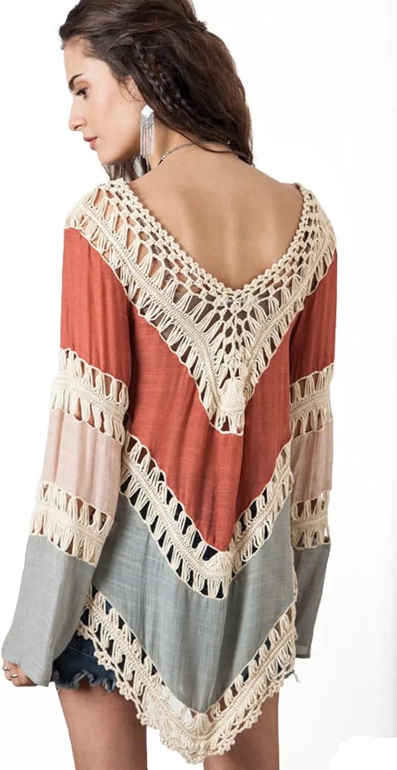 Womens Boho V Neck Crochet Tunic Tops Blouse Shirt Hollow Out Beach Swimsuit Cover up
