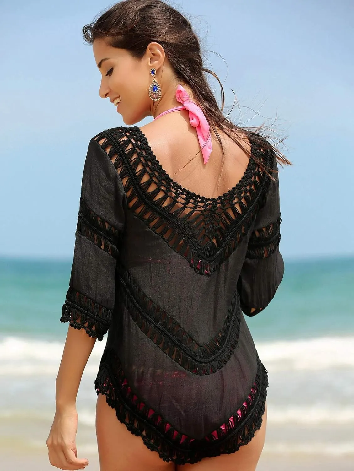 Womens Boho V Neck Crochet Tunic Tops Blouse Shirt Hollow Out Beach Swimsuit Cover up