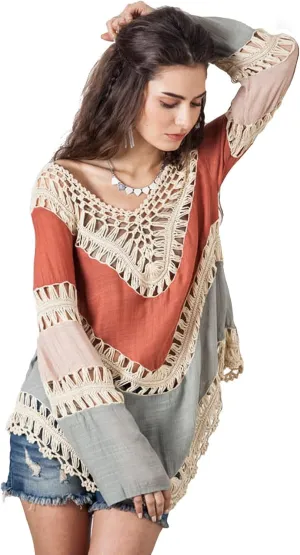 Womens Boho V Neck Crochet Tunic Tops Blouse Shirt Hollow Out Beach Swimsuit Cover up