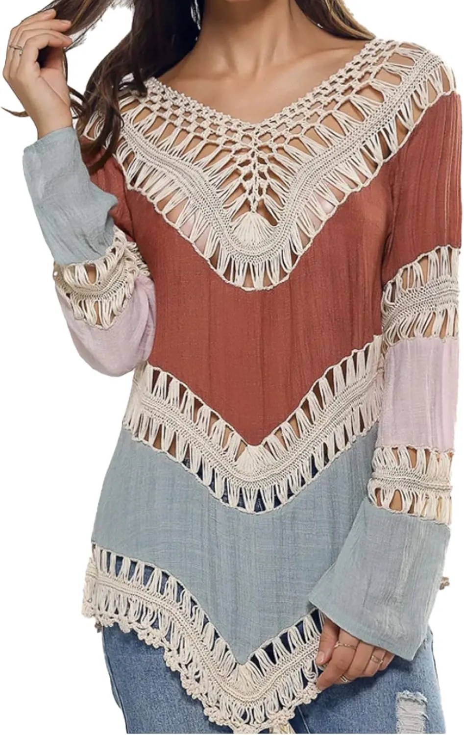 Womens Boho V Neck Crochet Tunic Tops Blouse Shirt Hollow Out Beach Swimsuit Cover up