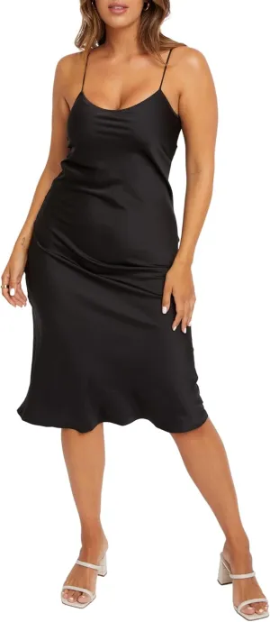 Women's Built-in Bra Midi Slip Dress with Adjustable Straps (S-2XL)