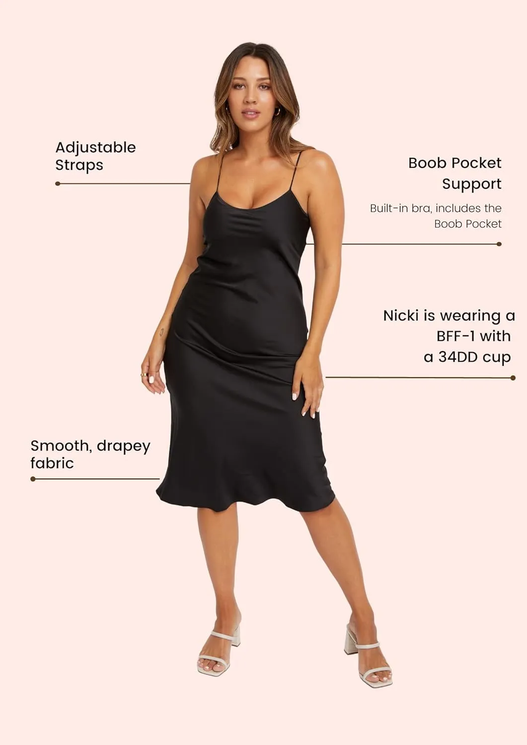 Women's Built-in Bra Midi Slip Dress with Adjustable Straps (S-2XL)