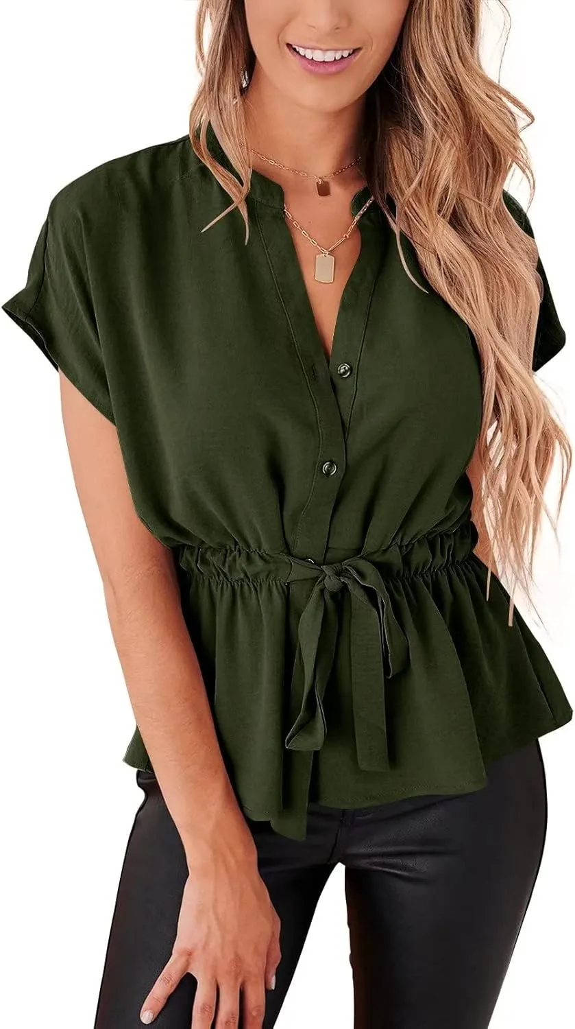 Womens Button Down Blouses Casual Peplum Summer Tops Dressy Chiffon Work Blouse