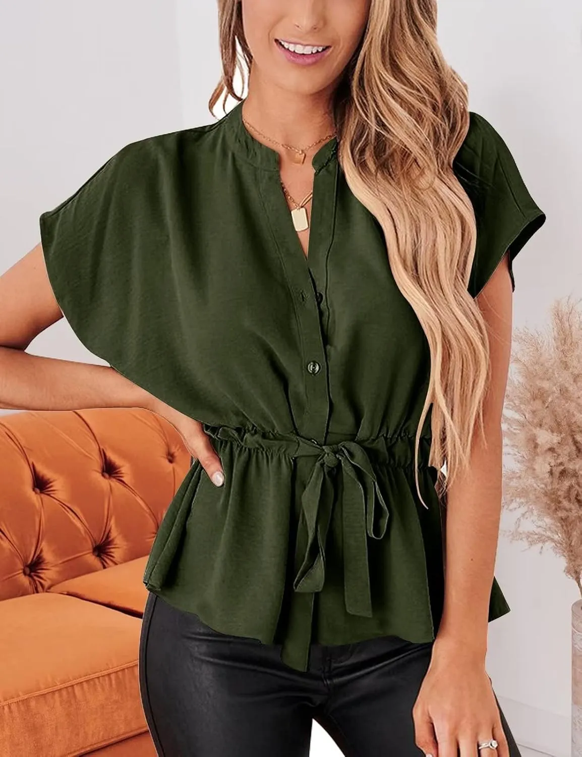 Womens Button Down Blouses Casual Peplum Summer Tops Dressy Chiffon Work Blouse