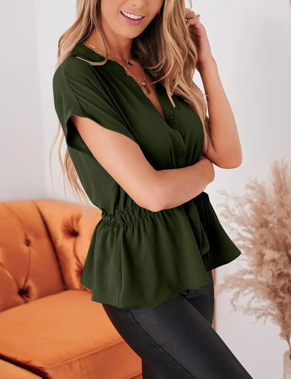 Womens Button Down Blouses Casual Peplum Summer Tops Dressy Chiffon Work Blouse