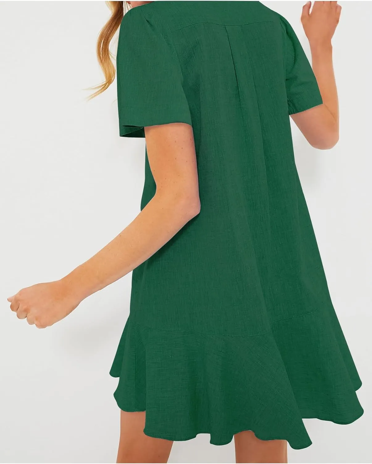 Women's Button Down Shirt Dress Summer Casual Short Sleeve Cotton Linen Ruffle Shift Mini Dresses