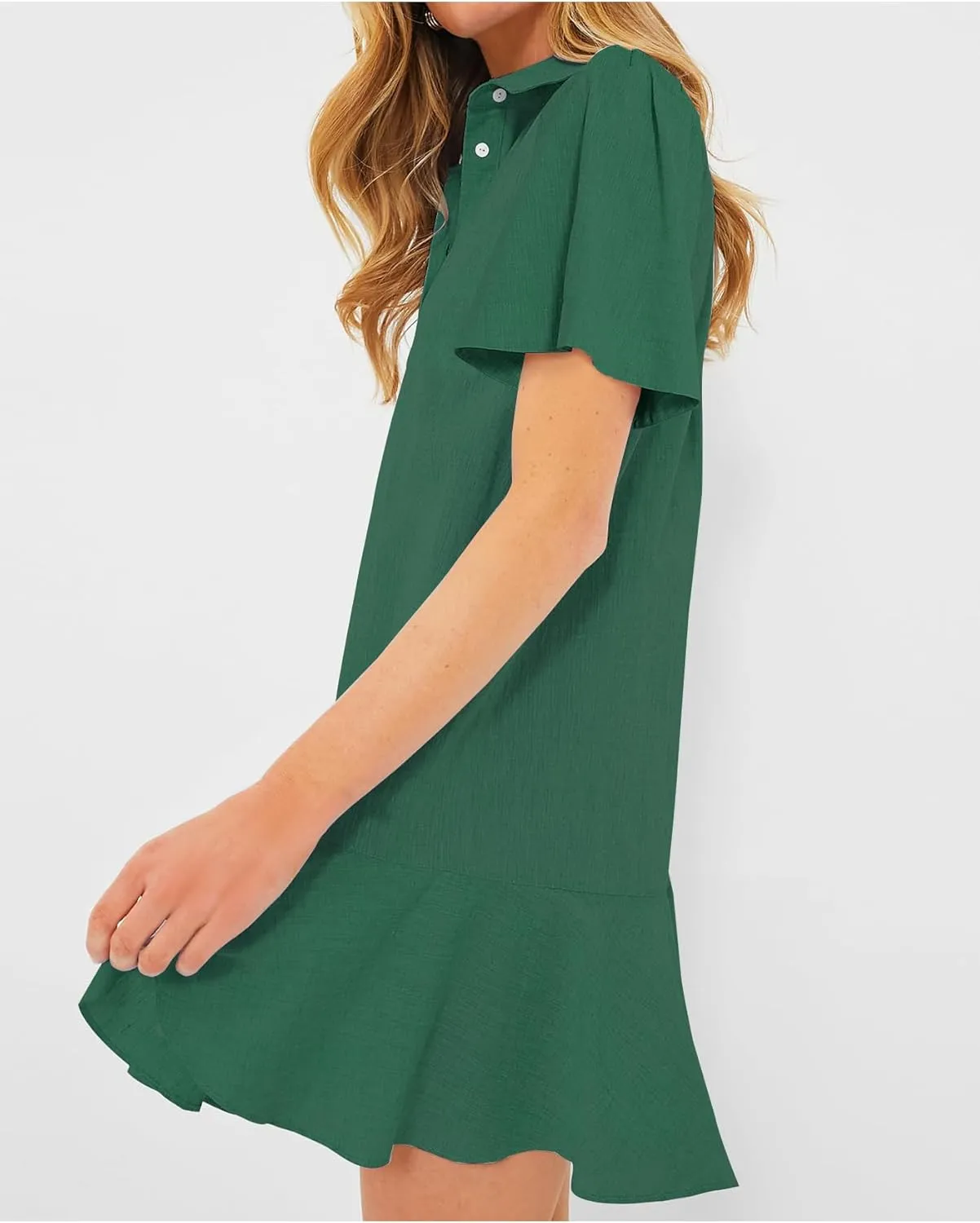 Women's Button Down Shirt Dress Summer Casual Short Sleeve Cotton Linen Ruffle Shift Mini Dresses