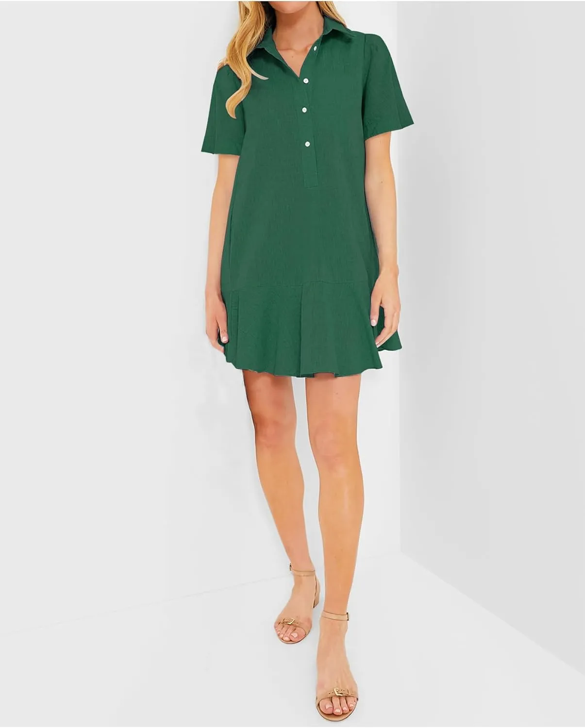 Women's Button Down Shirt Dress Summer Casual Short Sleeve Cotton Linen Ruffle Shift Mini Dresses