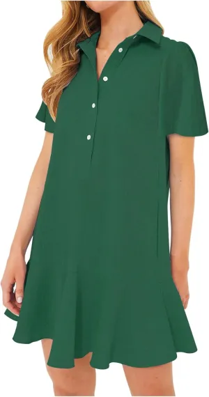 Women's Button Down Shirt Dress Summer Casual Short Sleeve Cotton Linen Ruffle Shift Mini Dresses