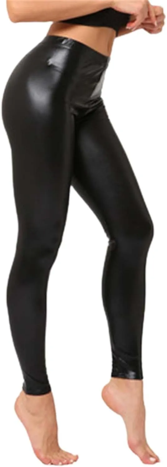 Women's Colorful Shiny Faux Leather Leggings Metallic Finish Skinny Fit Cropped 9/10 Length for Fall Versatile