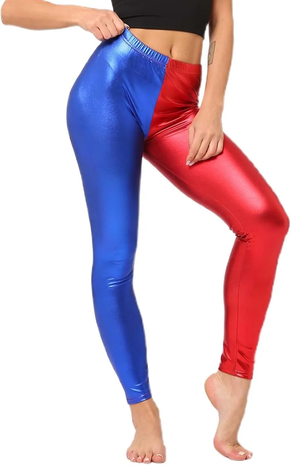 Women's Colorful Shiny Faux Leather Leggings Metallic Finish Skinny Fit Cropped 9/10 Length for Fall Versatile