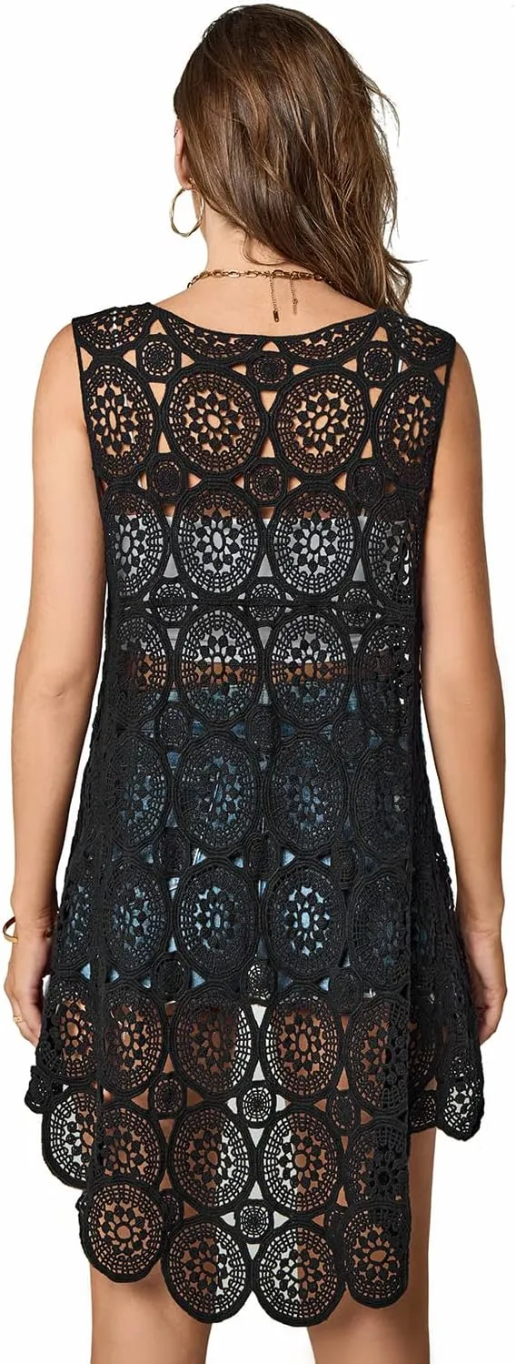 Women's Crochet Lace Vest Boho Sleeveless Kimono Irregular Hem Cardigan
