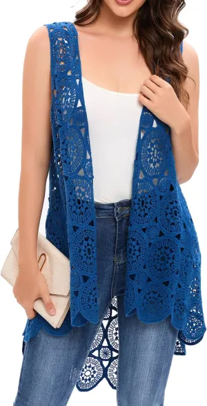 Women's Crochet Lace Vest Boho Sleeveless Kimono Irregular Hem Cardigan