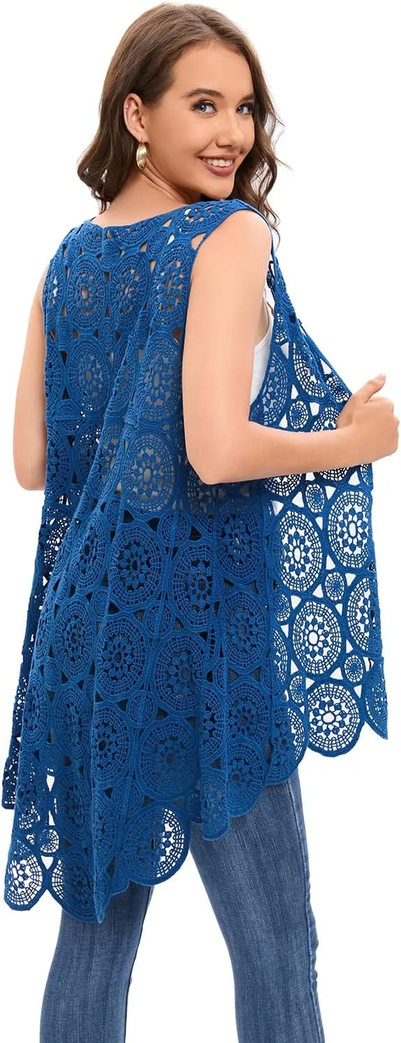Women's Crochet Lace Vest Boho Sleeveless Kimono Irregular Hem Cardigan