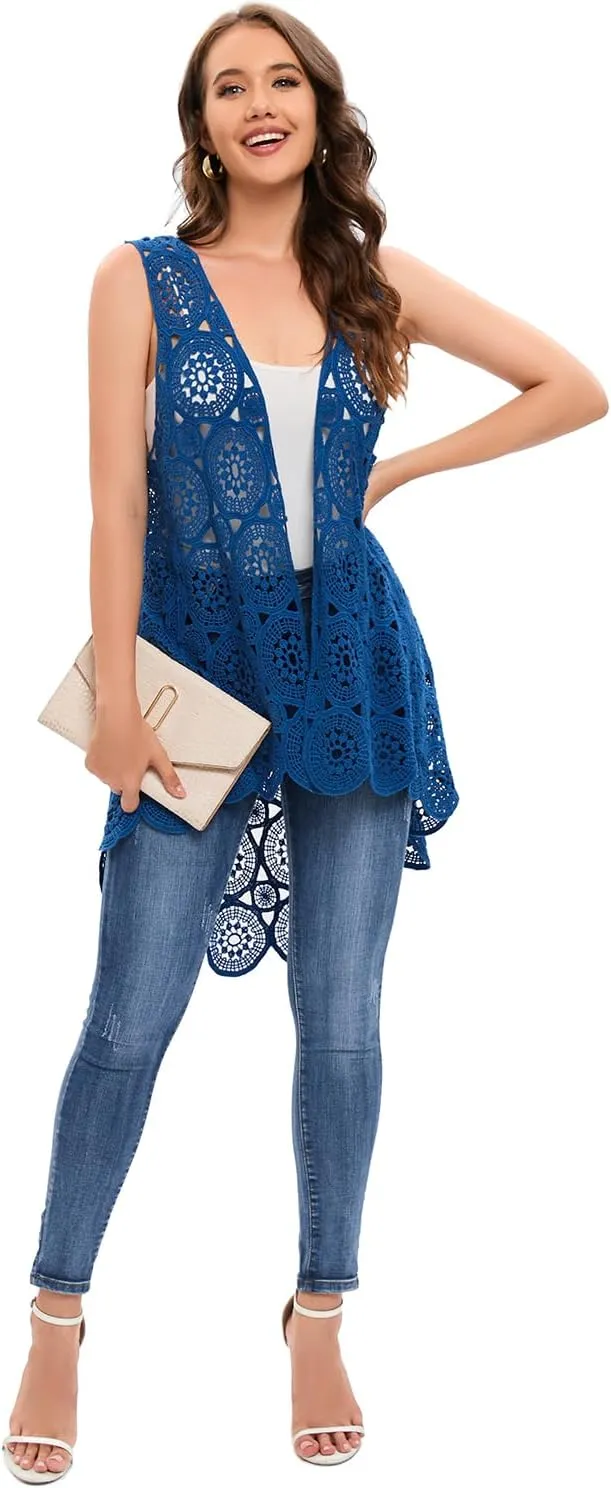 Women's Crochet Lace Vest Boho Sleeveless Kimono Irregular Hem Cardigan