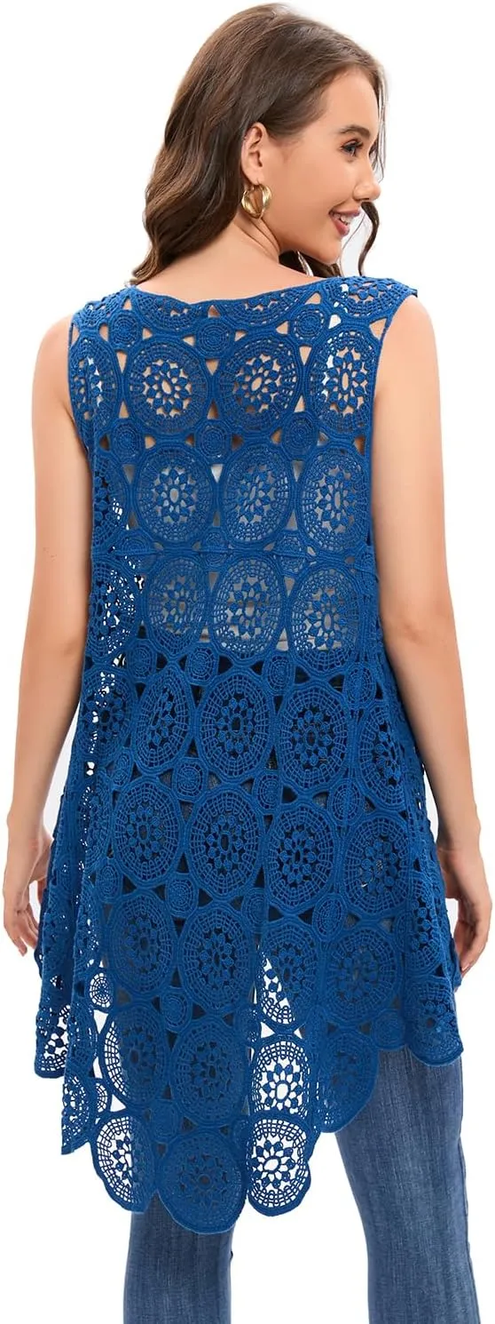Women's Crochet Lace Vest Boho Sleeveless Kimono Irregular Hem Cardigan