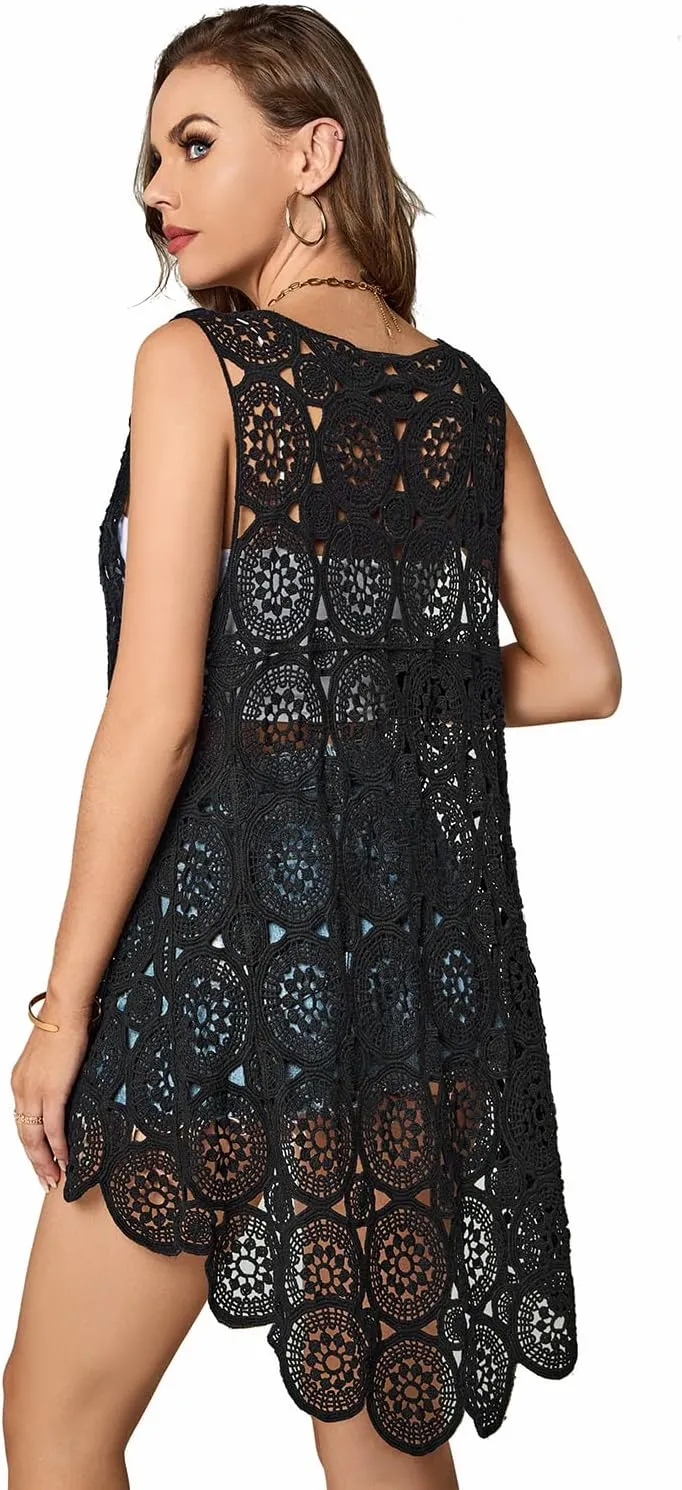 Women's Crochet Lace Vest Boho Sleeveless Kimono Irregular Hem Cardigan