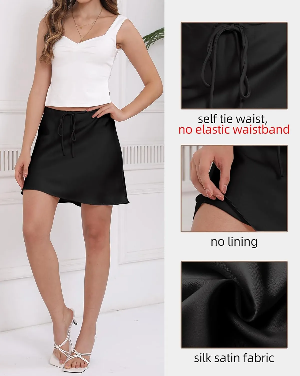 Women's Drawstring Satin Mini Skirt High Waisted Elegant Casual A-Line Flared Silk Short Skirts for Women