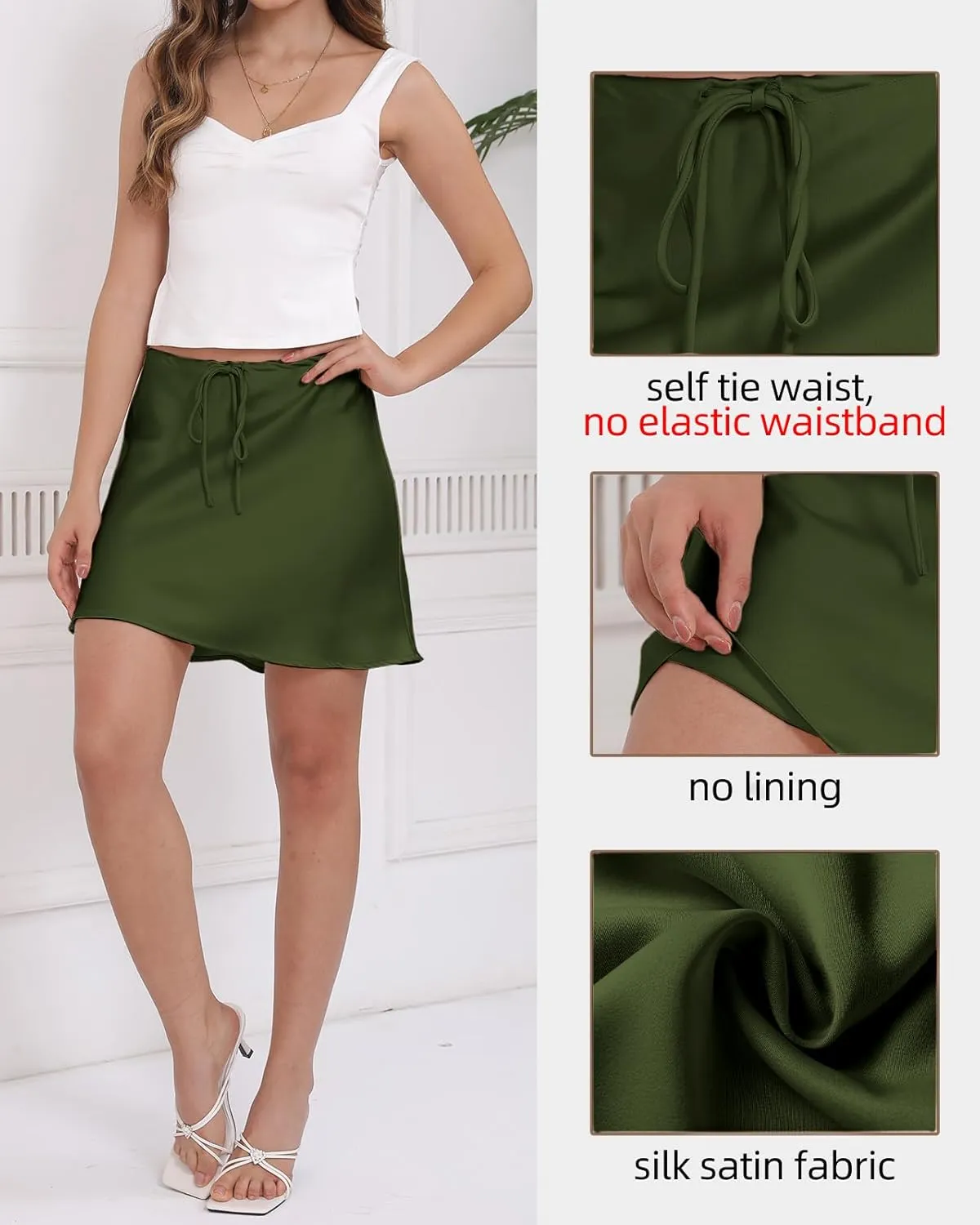 Women's Drawstring Satin Mini Skirt High Waisted Elegant Casual A-Line Flared Silk Short Skirts for Women