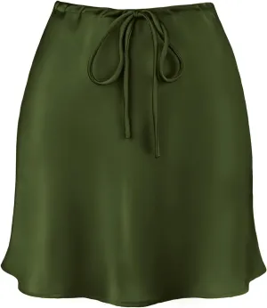 Women's Drawstring Satin Mini Skirt High Waisted Elegant Casual A-Line Flared Silk Short Skirts for Women