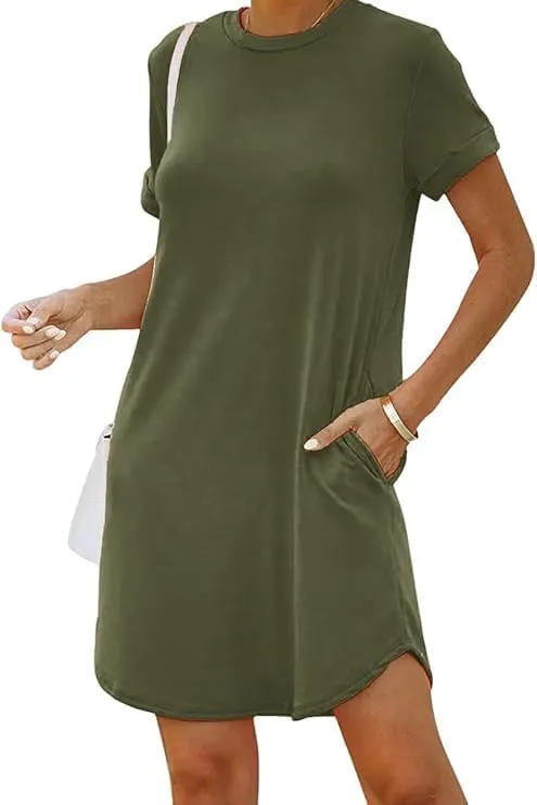 Women's Fashion Casual Sport Roll Sleeve Tennis Dress Beach A Line T-Shirt Dresses Cover Up Sundress with Pockets