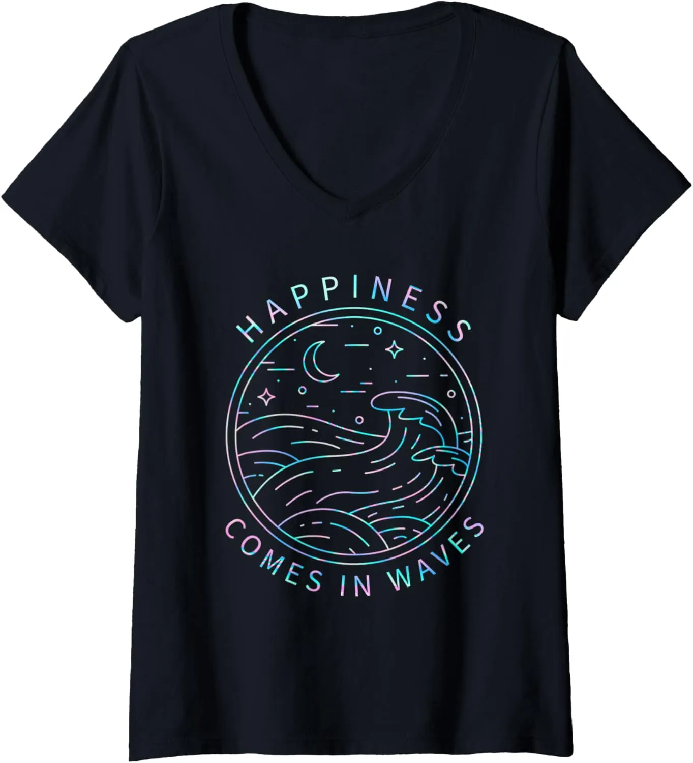 Womens Happiness Comes In Waves Wave Surfer Surf Ocean Beach Lover V-Neck T-Shirt
