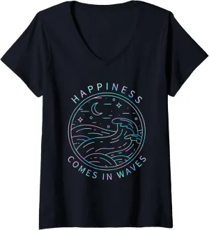 Womens Happiness Comes In Waves Wave Surfer Surf Ocean Beach Lover V-Neck T-Shirt