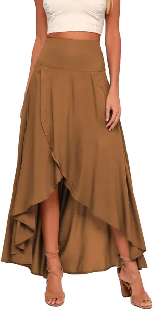 Womens High Waist Wrap Boho Maxi Skirt with Slit Flowy Pleated High Low Long Skirt