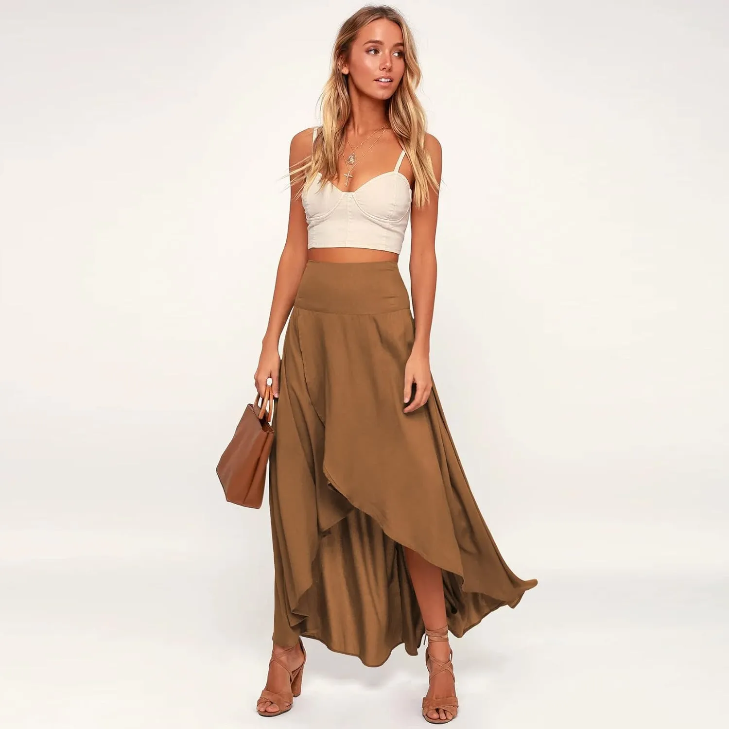 Womens High Waist Wrap Boho Maxi Skirt with Slit Flowy Pleated High Low Long Skirt