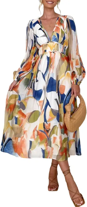 Women's Long Sleeve Boho Maxi Dress Floral Print Long Dress Pink Print