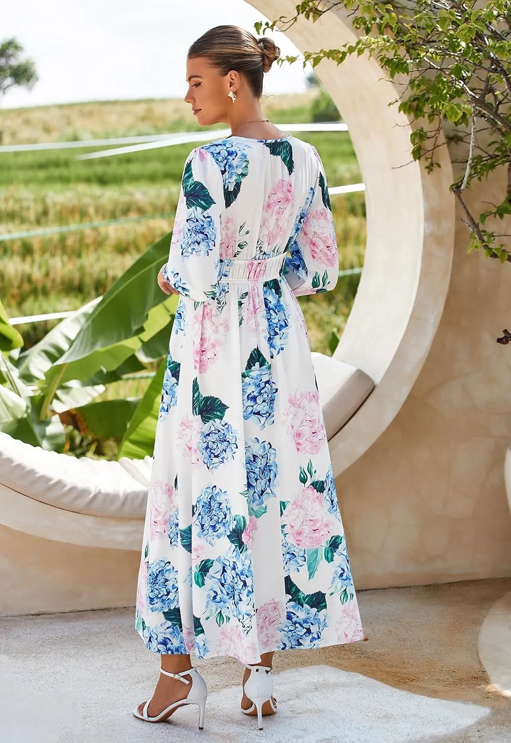 Women's Long Sleeve Boho Maxi Dress Floral Print Long Dress Pink Print