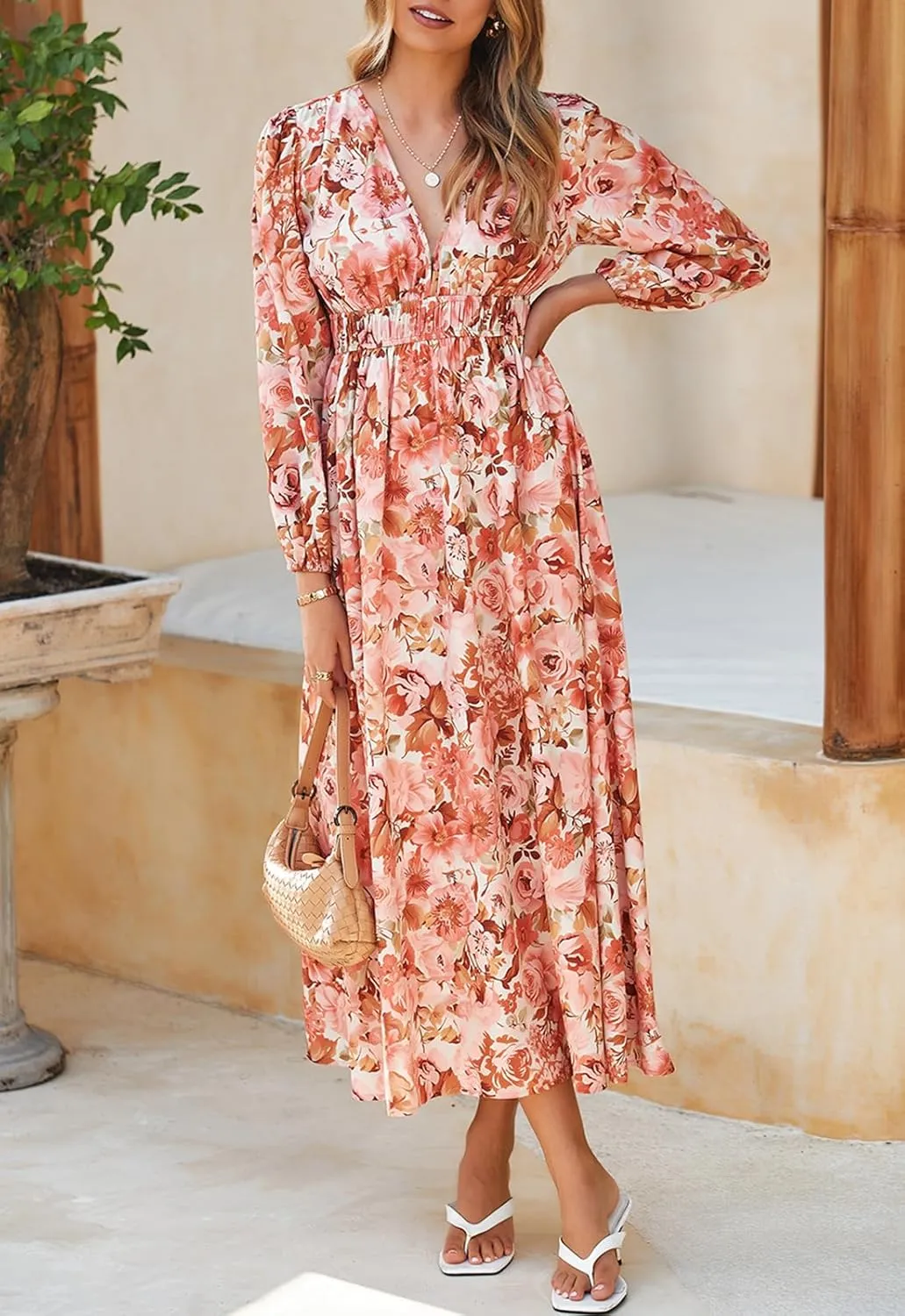 Women's Long Sleeve Boho Maxi Dress Floral Print Long Dress Pink Print