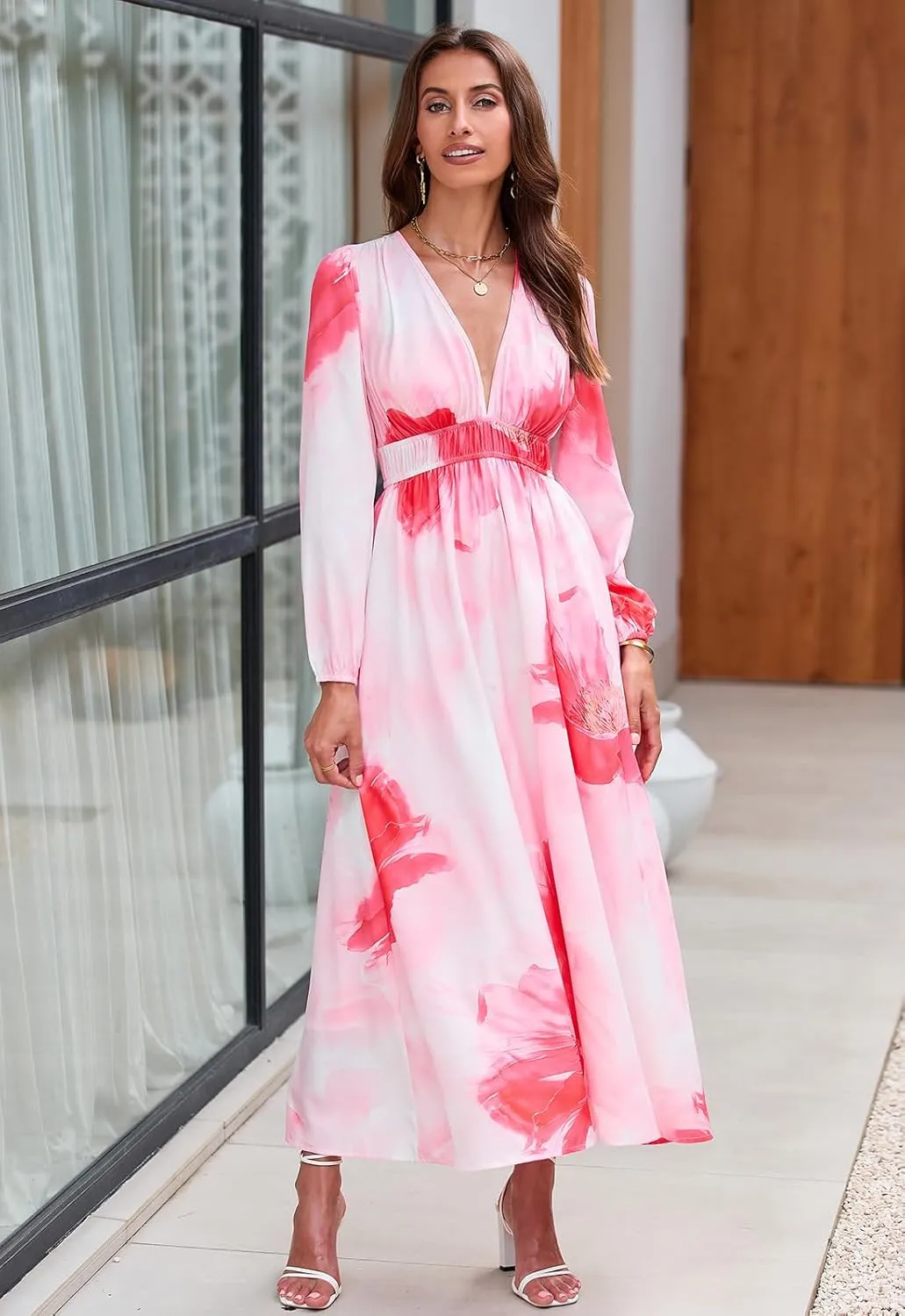 Women's Long Sleeve Boho Maxi Dress Floral Print Long Dress Pink Print