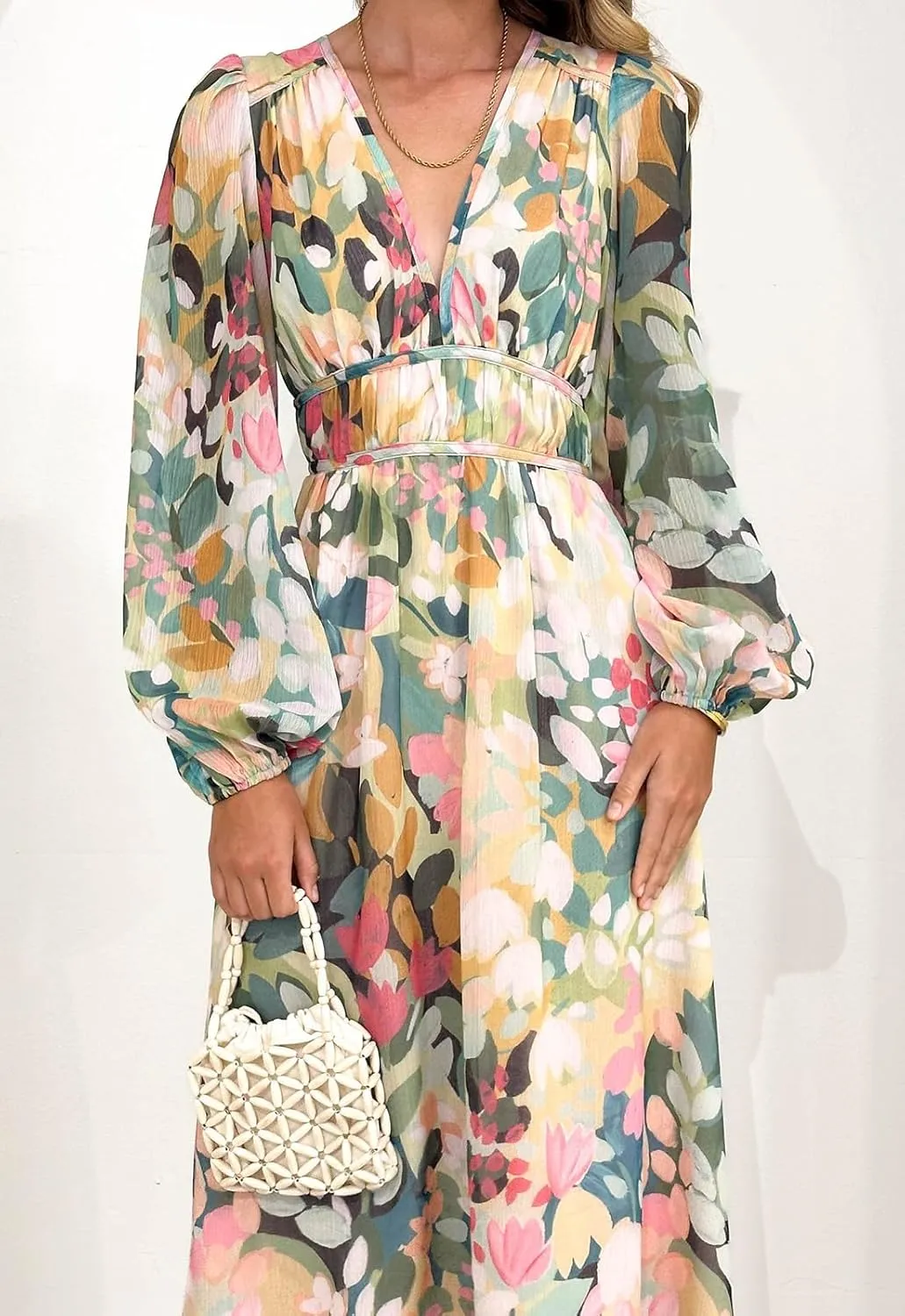 Women's Long Sleeve Boho Maxi Dress Floral Print Long Dress Pink Print