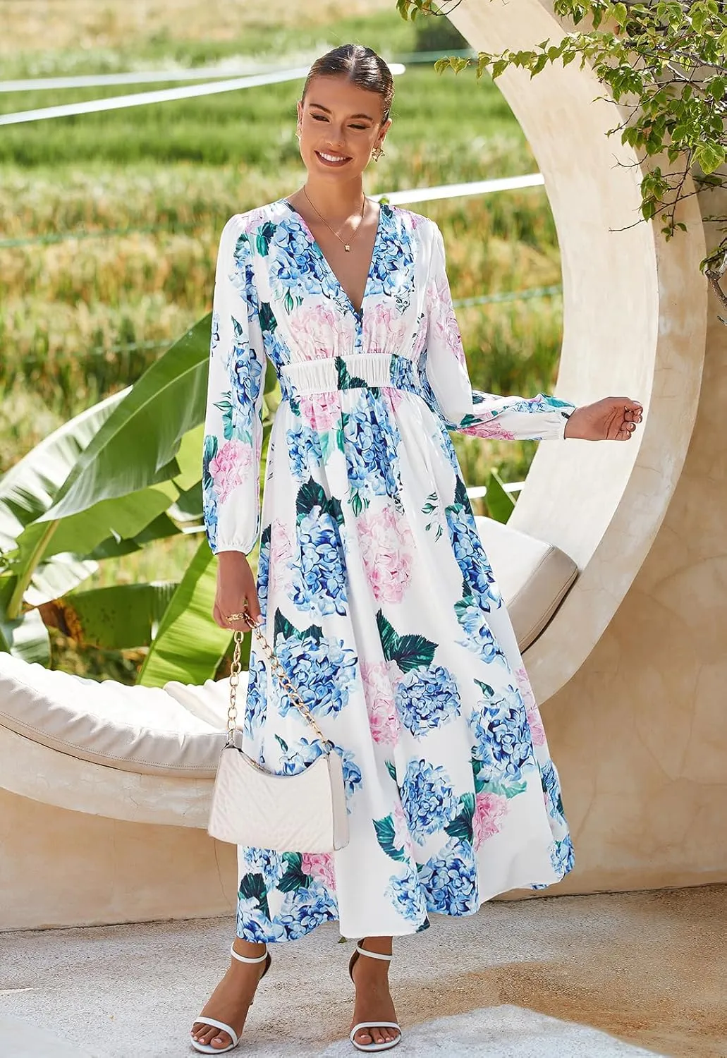 Women's Long Sleeve Boho Maxi Dress Floral Print Long Dress Pink Print