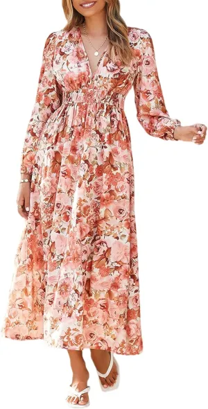 Women's Long Sleeve Boho Maxi Dress Floral Print Long Dress Pink Print