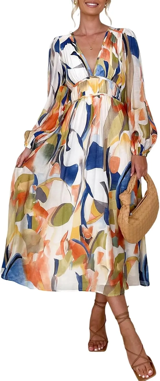 Women's Long Sleeve Boho Maxi Dress Floral Print Long Dress Pink Print