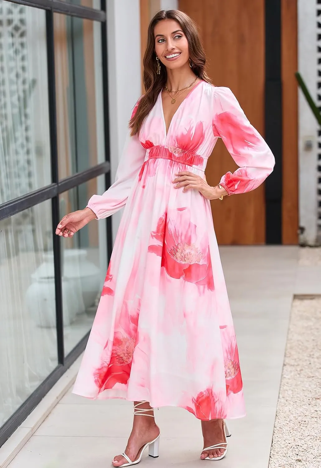 Women's Long Sleeve Boho Maxi Dress Floral Print Long Dress Pink Print