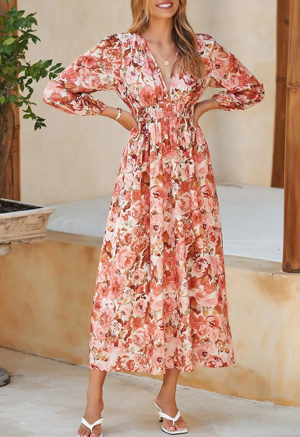 Women's Long Sleeve Boho Maxi Dress Floral Print Long Dress Pink Print