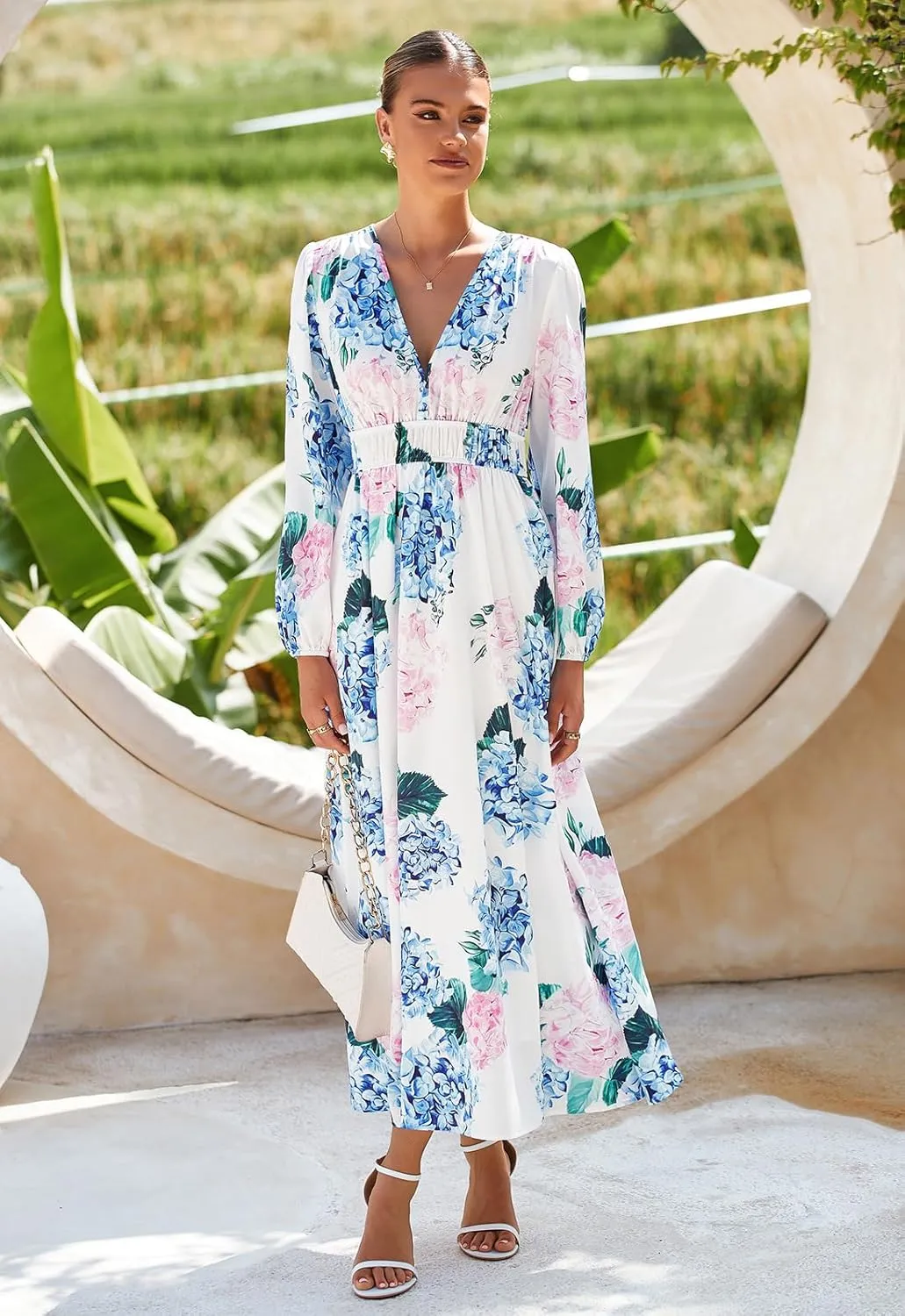 Women's Long Sleeve Boho Maxi Dress Floral Print Long Dress Pink Print