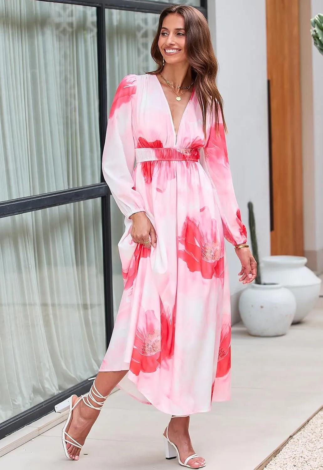 Women's Long Sleeve Boho Maxi Dress Floral Print Long Dress Pink Print