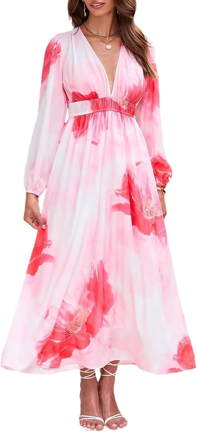 Women's Long Sleeve Boho Maxi Dress Floral Print Long Dress Pink Print