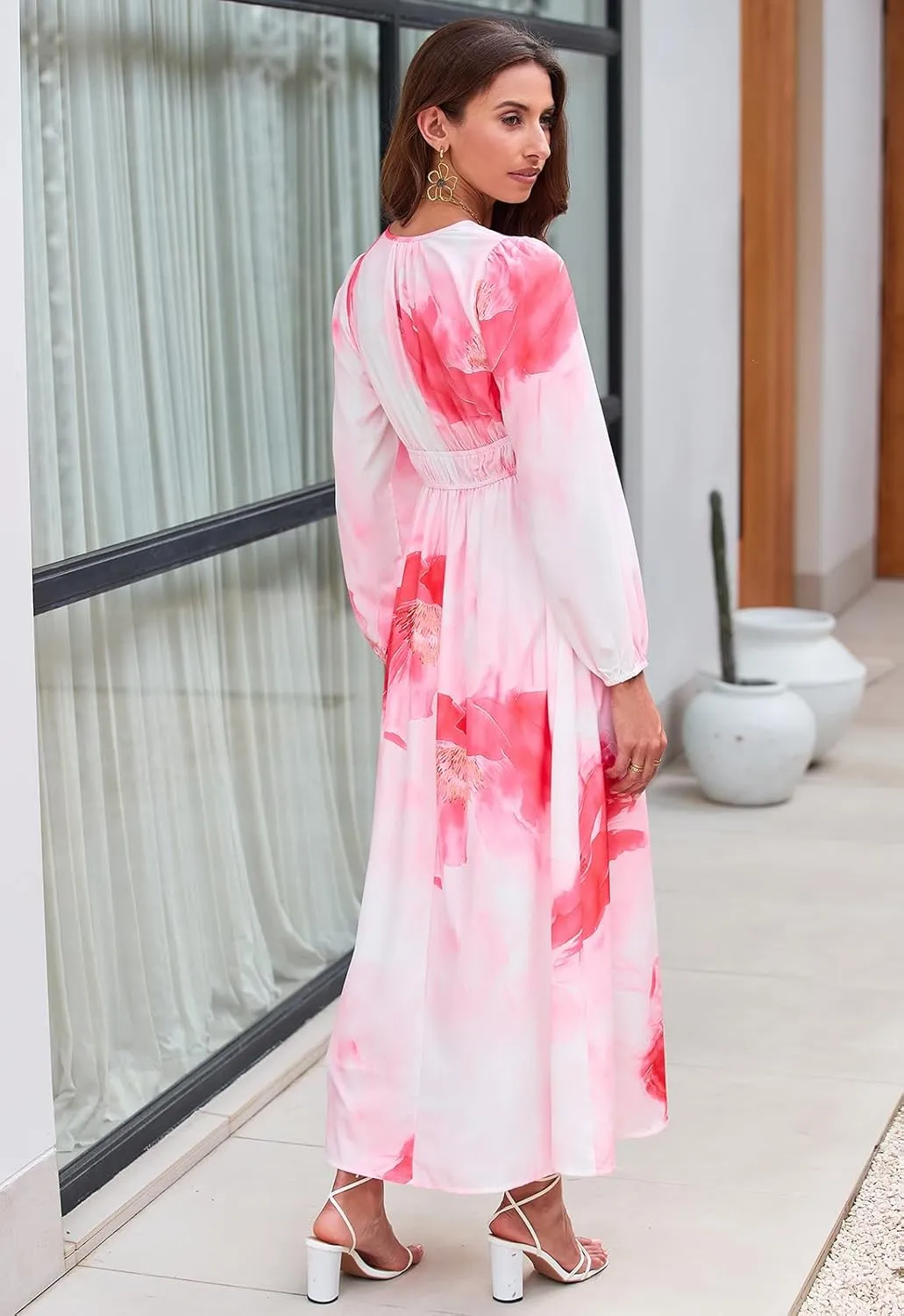 Women's Long Sleeve Boho Maxi Dress Floral Print Long Dress Pink Print