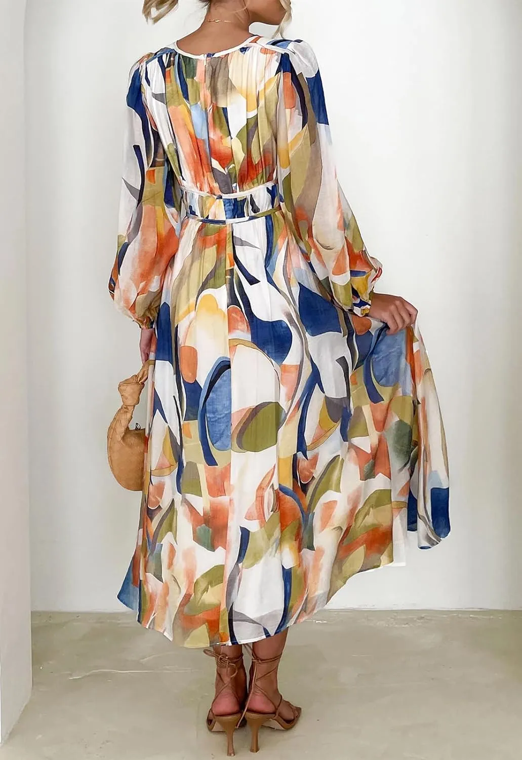 Women's Long Sleeve Boho Maxi Dress Floral Print Long Dress Pink Print